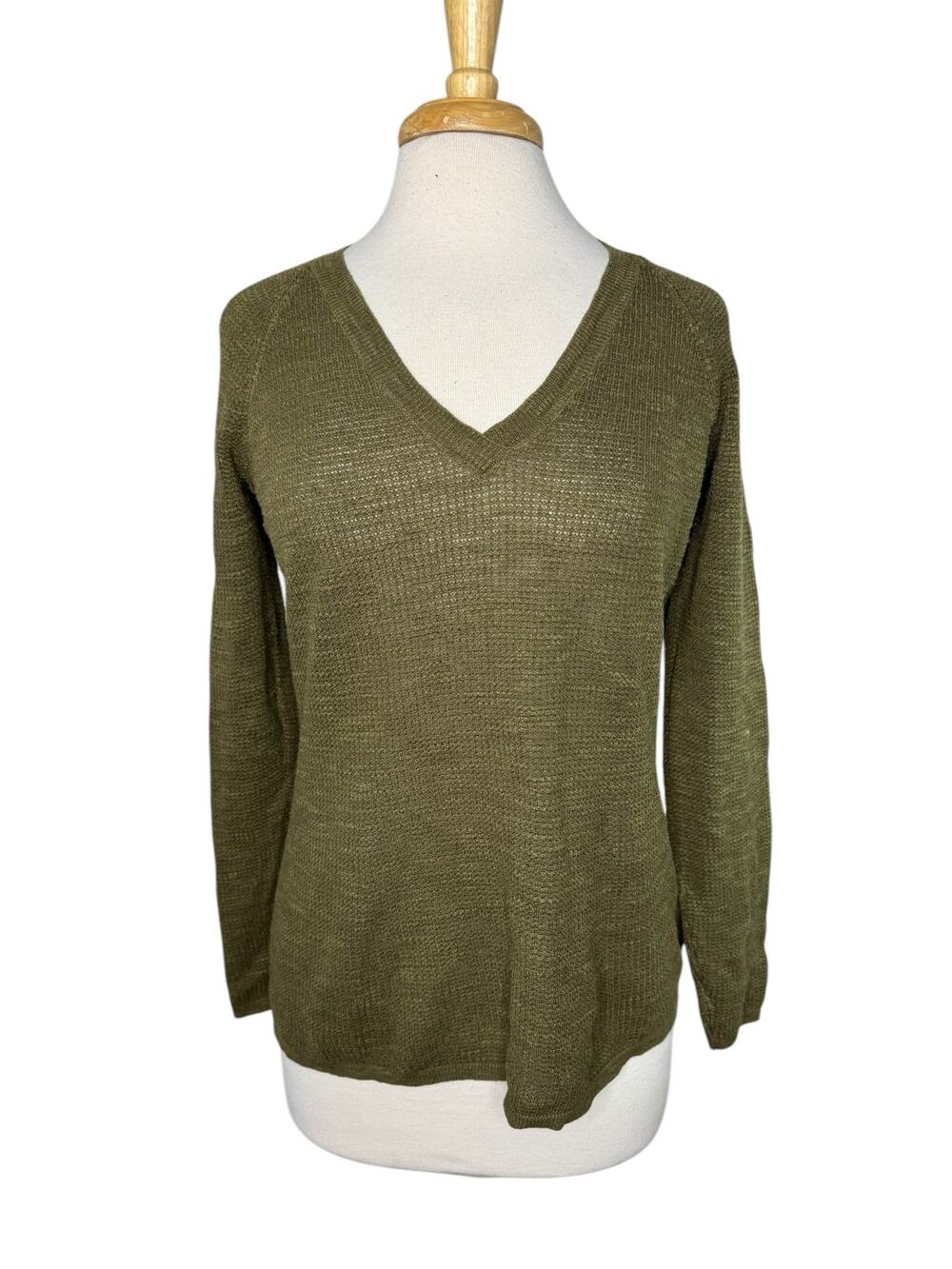 EILEEN FISHER Waffle Knit Linen Blend Long Sleeve Top in Olive Green Size Small